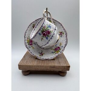 Royal Albert Petit Point China Teacup and Saucer Set Vintage Floral Cross Stitch